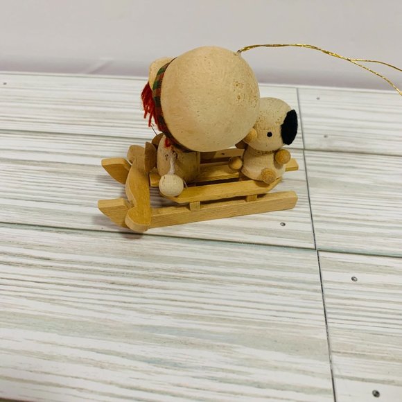 Vintage Handmade Wood Art Girl With Big And Puppy On Sleigh Figurine - Picture 2 of 9